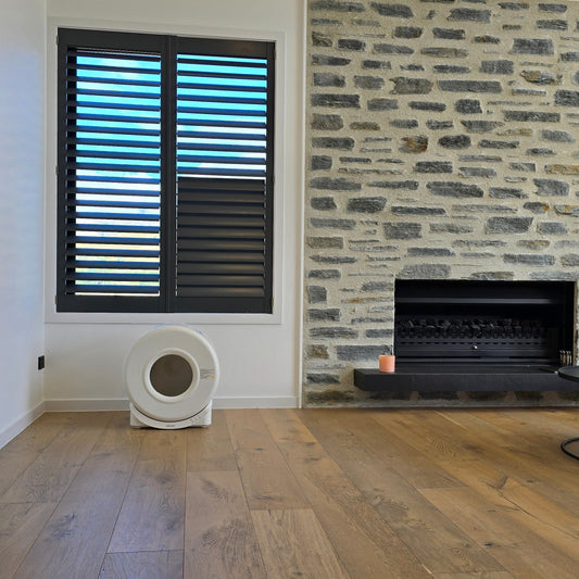 Automatic smart cat litter box in a clean modern house beside a stone fireplace . timber floor and blue sky out the window