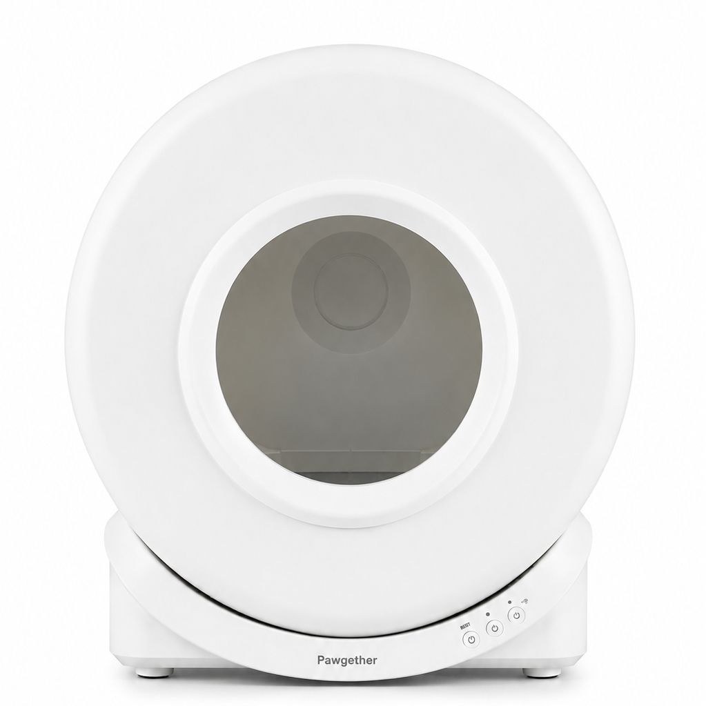 white automatic litter box on white background