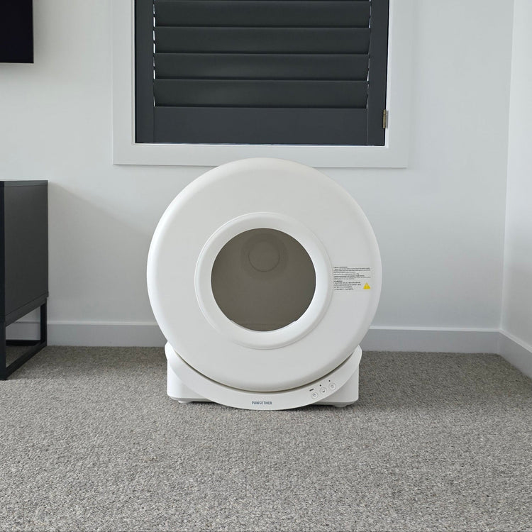 Modern interior with a smart automatic litter box placed on a carpeted floor, positioned next to a sleek black entertainment unit and dark window shutters