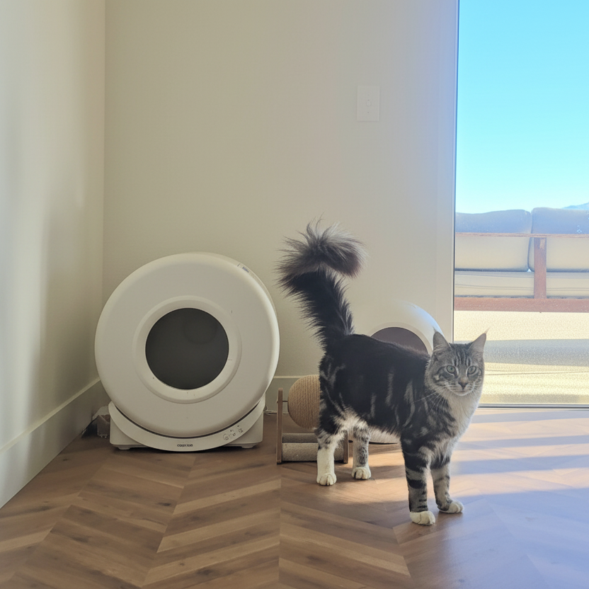 Cat standing on a wooden floor next to a white cylindrical object with a screen.